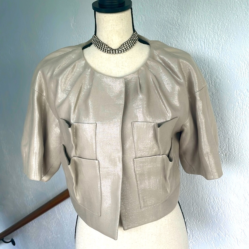 BCBG MaxAzria NWOT Khaki Metallic Crop Jacket Blazer Pocket Details Womens Small